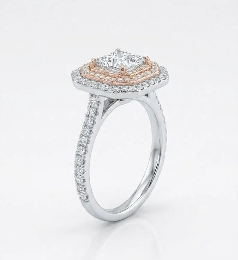 Rose Gold Halo Wedding Ring with Princess Cut Center Stone