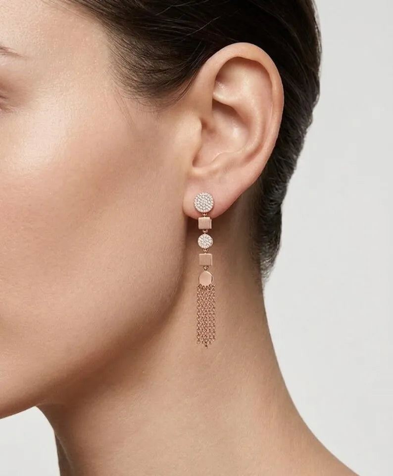 Sterling Silver & Rose Gold Plated Chain Tassel Drop Earrings — Geometric Pave CZ Fringe Dangle, Party Statement Jewelry