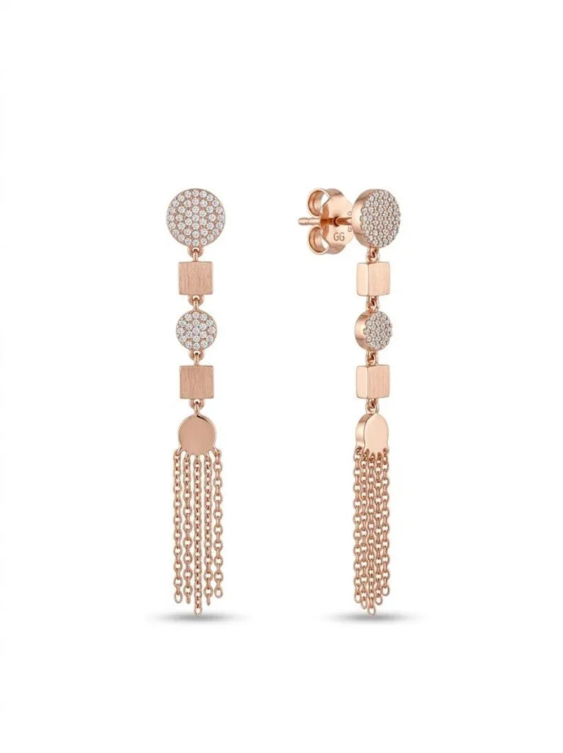 Sterling Silver & Rose Gold Plated Chain Tassel Drop Earrings — Geometric Pave CZ Fringe Dangle, Party Statement Jewelry