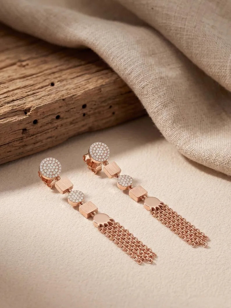 Sterling Silver & Rose Gold Plated Chain Tassel Drop Earrings — Geometric Pave CZ Fringe Dangle, Party Statement Jewelry