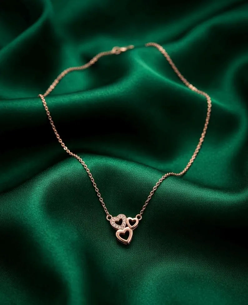 Rose Gold Triple Heart Necklace with Zircon Accent, Layered Dainty Pendant, 925 Sterling Silver Gift For Wife