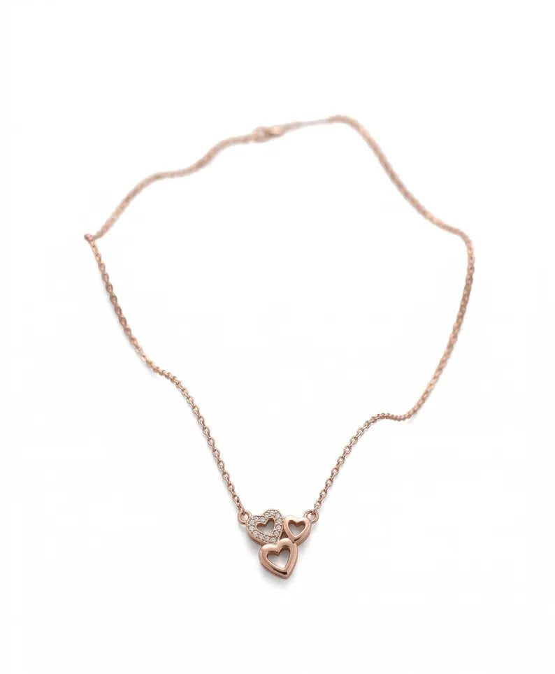 Rose Gold Triple Heart Necklace with Zircon Accent, Layered Dainty Pendant, 925 Sterling Silver Gift For Wife
