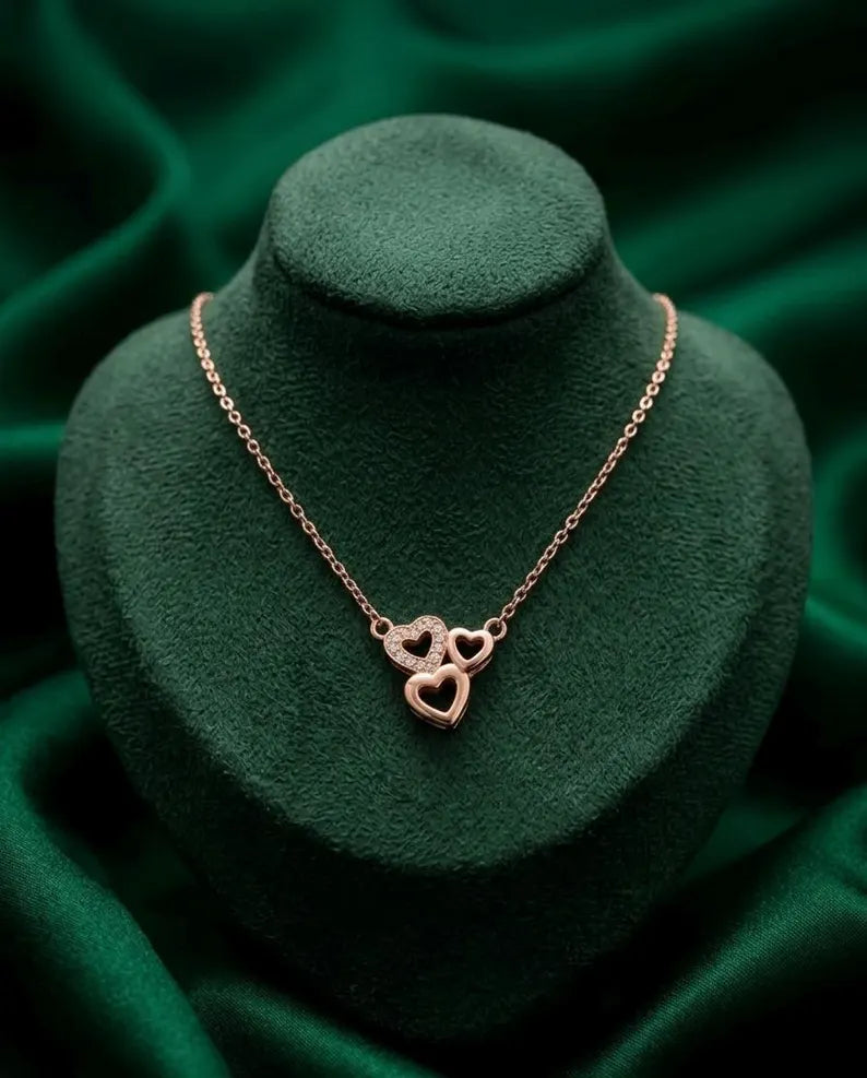 Rose Gold Triple Heart Necklace with Zircon Accent, Layered Dainty Pendant, 925 Sterling Silver Gift For Wife