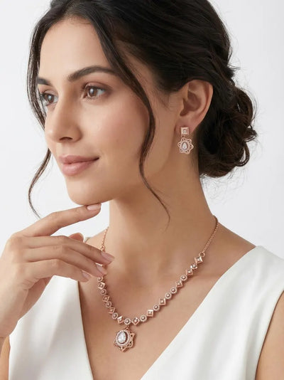 Rose Gold Plated Bridal Necklace & Earring Set, 925 Sterling Silver Wedding Necklace, Cubic Zirconia Statement Jewelry Anniversary Gift for Her