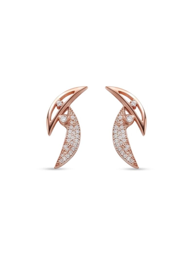 A pair of rose gold crescent-shaped stud earrings with pavé-set clear stones and small round accent stones, shown on a plain white background.