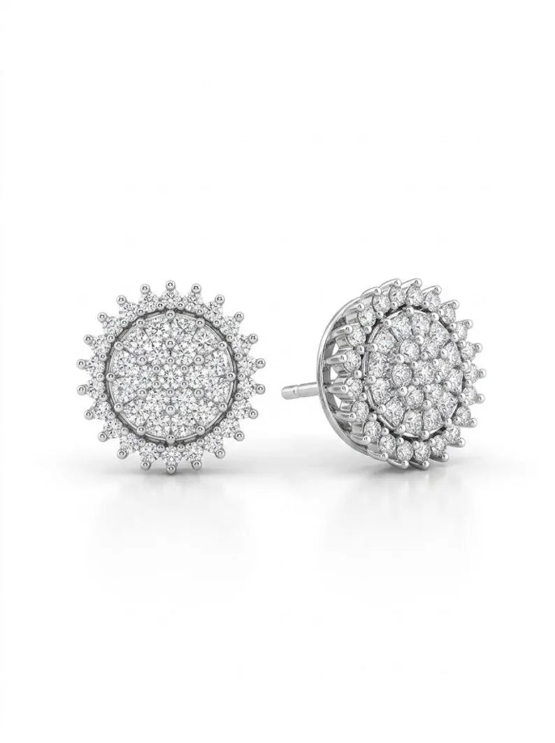 A pair of round diamond halo stud earrings in silver-tone metal, shown from both front and side angles on a clean white background.