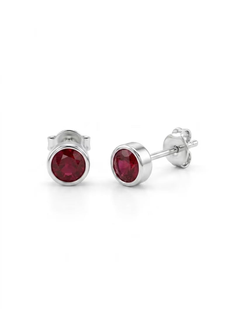 Round Ruby-Look Stud Earrings — 925 Sterling Silver Bezel Set Red Stone Studs, Everyday Jewelry