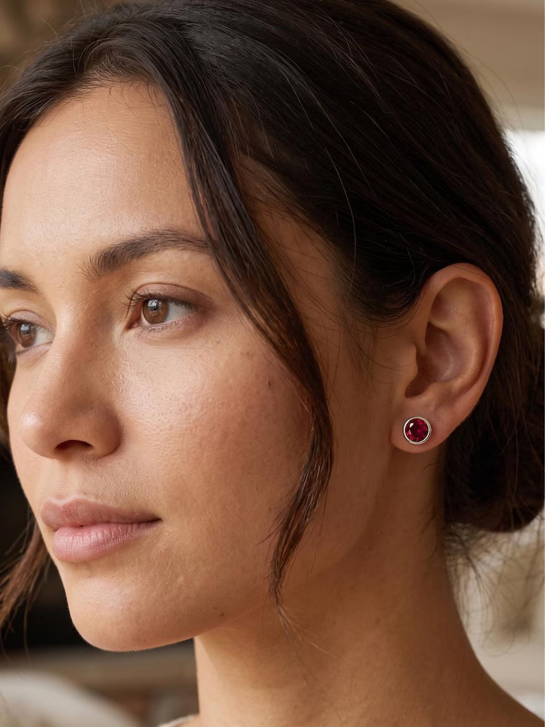 Round Ruby-Look Stud Earrings — 925 Sterling Silver Bezel Set Red Stone Studs, Everyday Jewelry