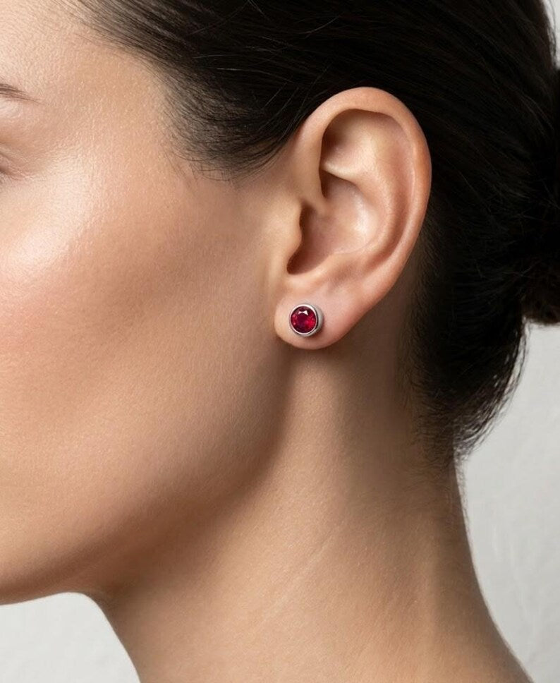 Round Ruby-Look Stud Earrings — 925 Sterling Silver Bezel Set Red Stone Studs, Everyday Jewelry
