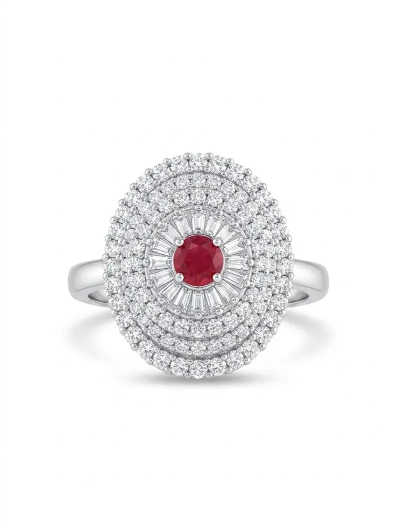 Ruby Cocktail Ring with Vintage Halo Statement Design