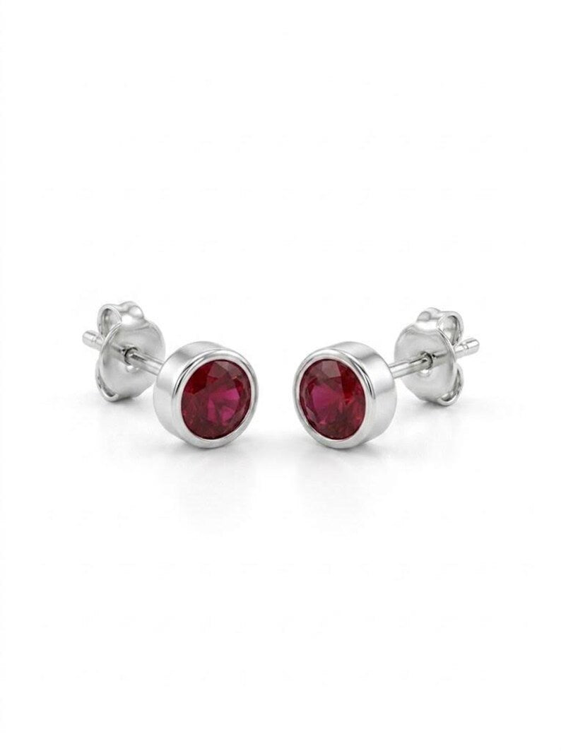 Round Ruby-Look Stud Earrings — 925 Sterling Silver Bezel Set Red Stone Studs, Everyday Jewelry
