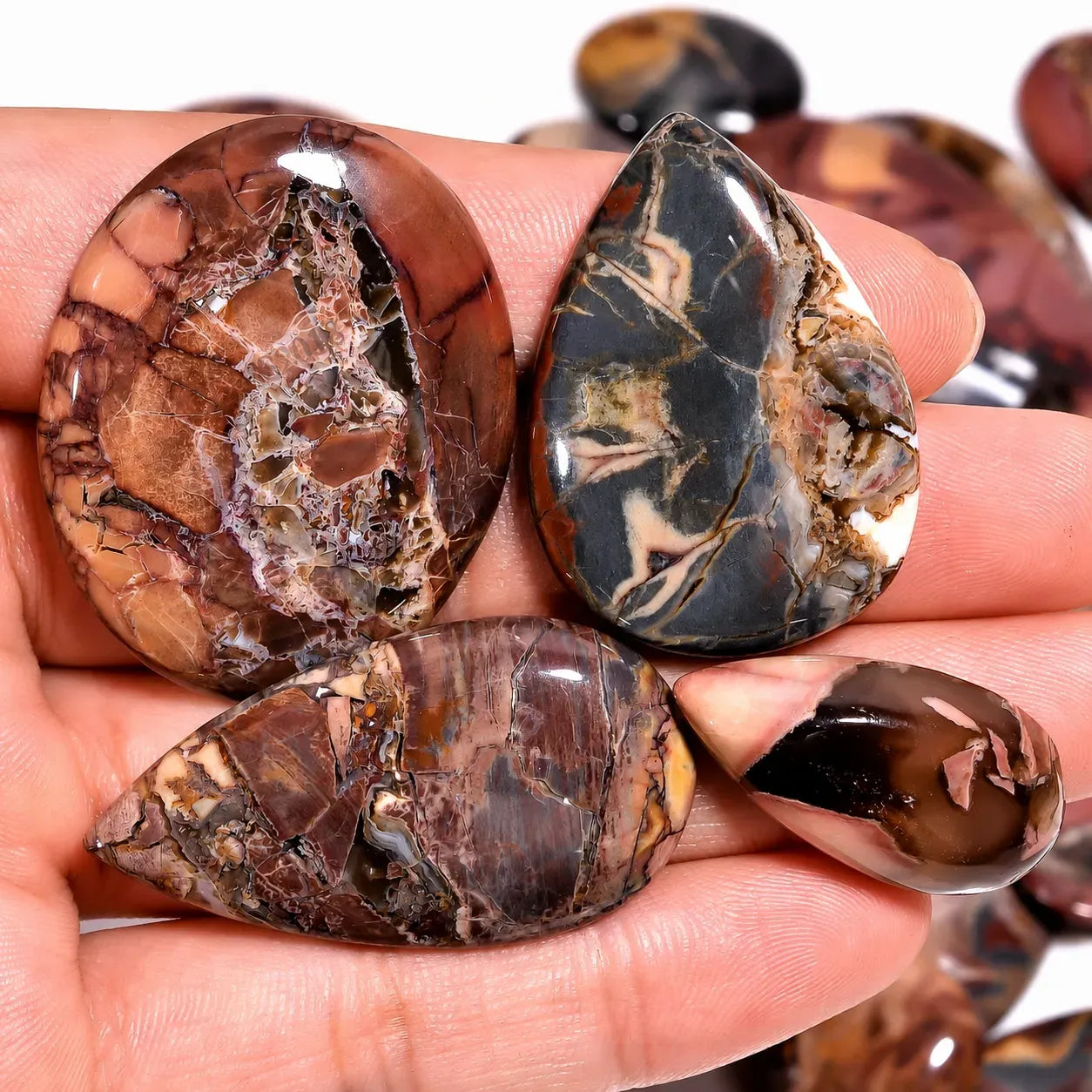 Marbled stone specimens held in a hand with a blurred background