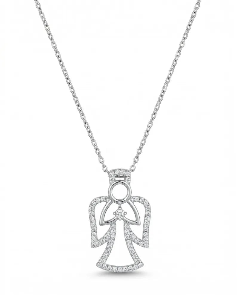 A silver-toned angel pendant necklace paved with small clear stones, suspended from a delicate matching chain against a plain white background.