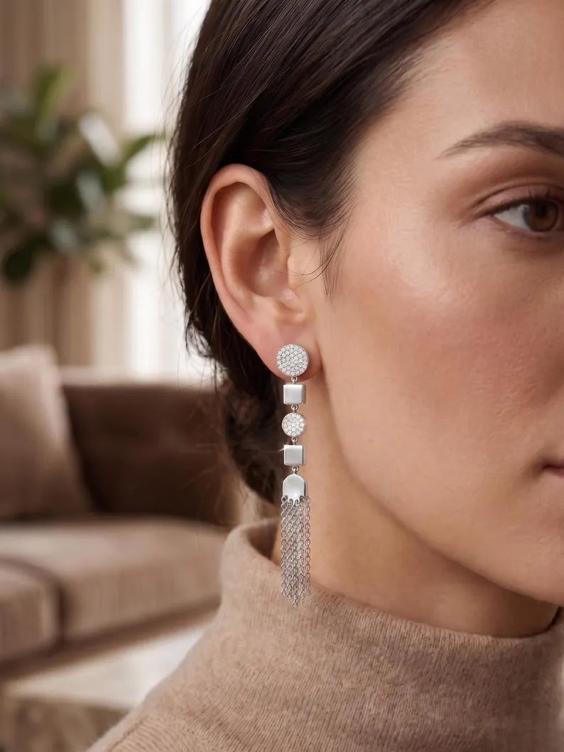Silver Chain Tassel Drop Earrings, the Kind That Moves With You — Sterling Silver Geometric Links with Pave Cubic Zirconia