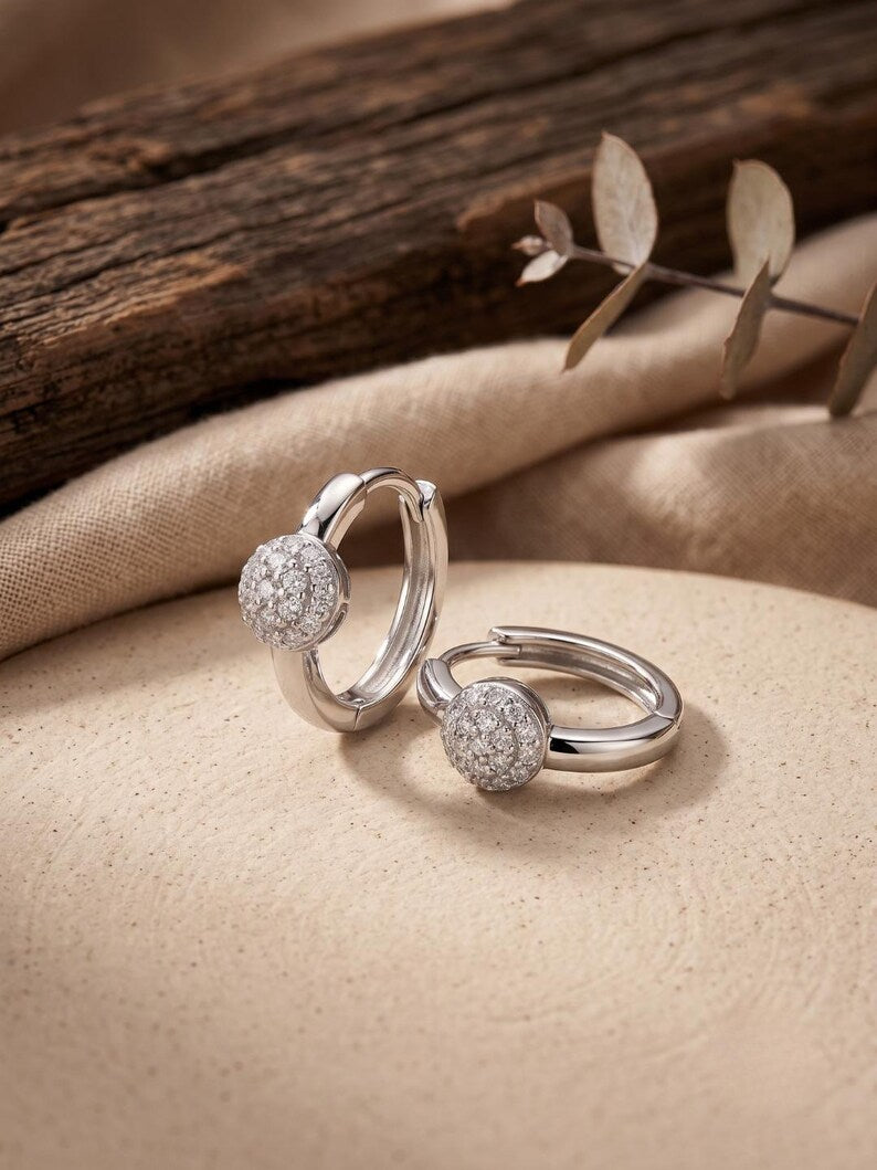 A pair of silver hoop earrings with round pavé-set clear stones, displayed on a beige textured surface with a piece of wood and dried leaves in the background.