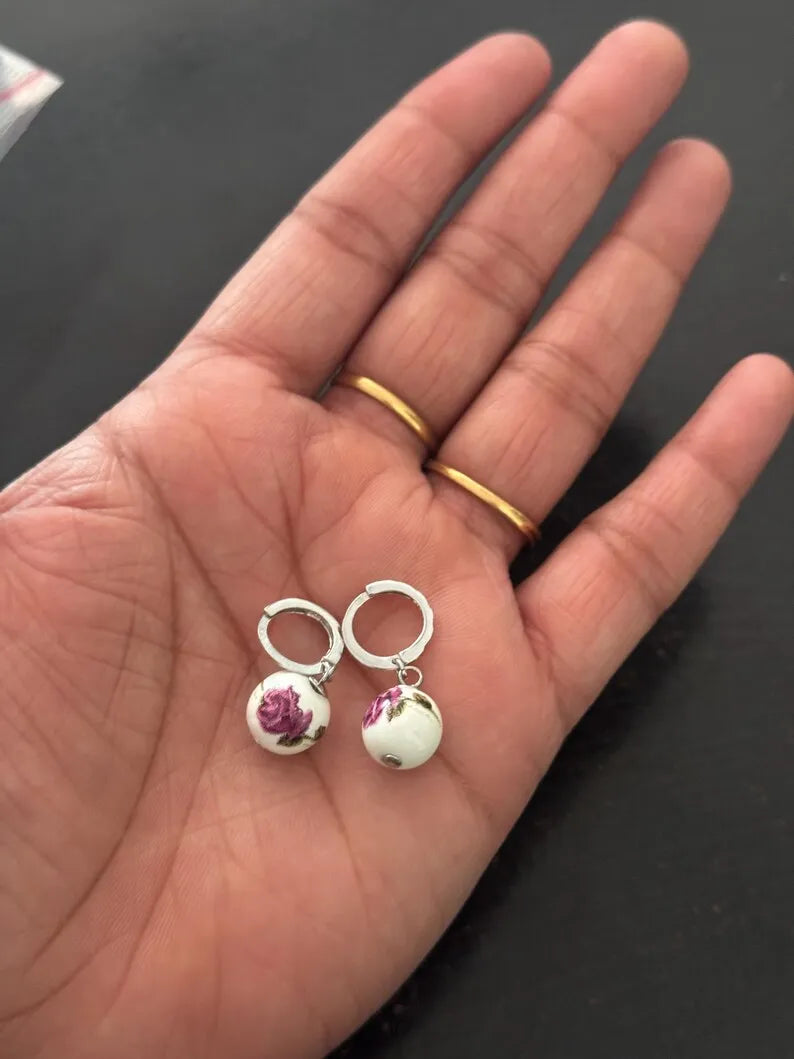 Floral Ceramic Bead Hoop Drop Earrings — 925 Sterling Silver Huggie Hoops, Porcelain-Style Rose Print