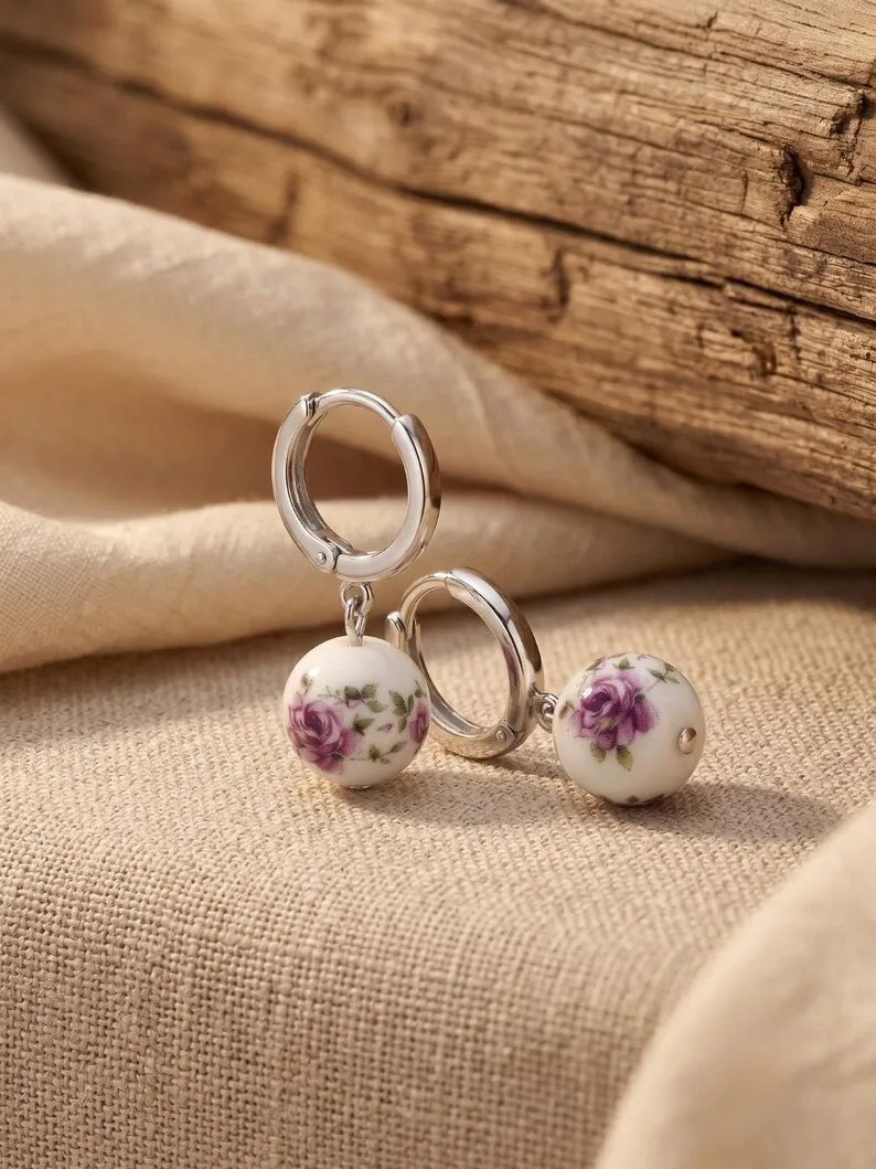 Floral Ceramic Bead Hoop Drop Earrings — 925 Sterling Silver Huggie Hoops, Porcelain-Style Rose Print