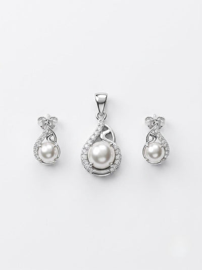Freshwater Pearl Necklace with Earring Set Wedding Jewelry, Trinity Knot Accent, Pavé Halo Design, 925 Sterling Silver, Gift for Bride