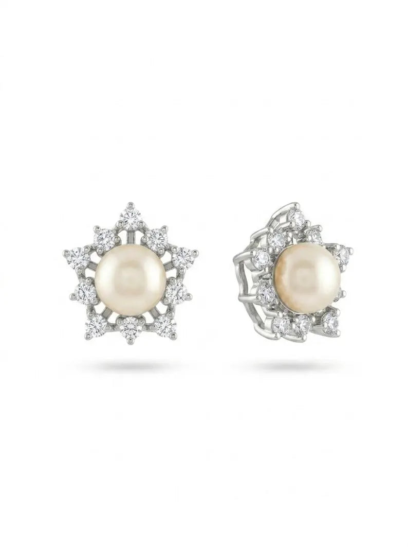 Pearl Stud Earrings with Starburst CZ Halo — 925 Sterling Silver Bridal Pearl Studs, Gift For Wife