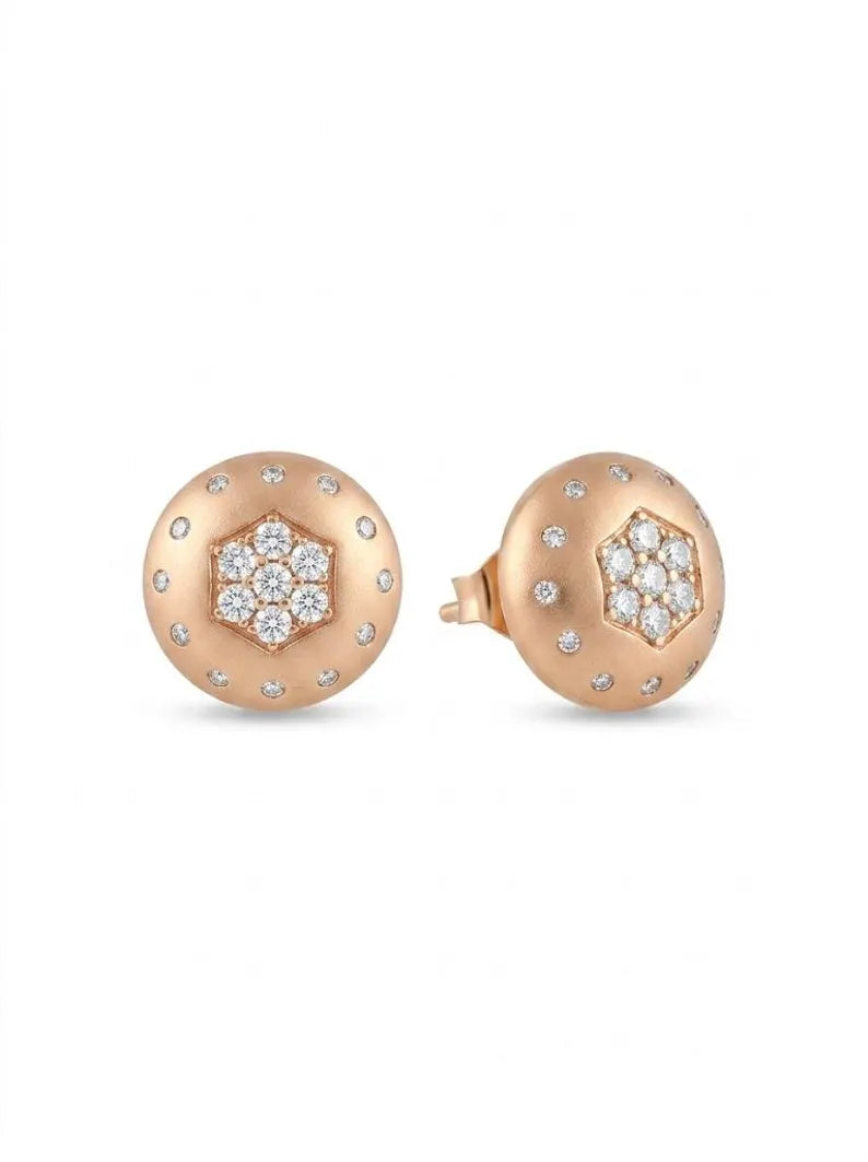 A pair of rose gold stud earrings with a central cluster of clear pavé gemstones surrounded by small accent stones, shown on a plain white background.