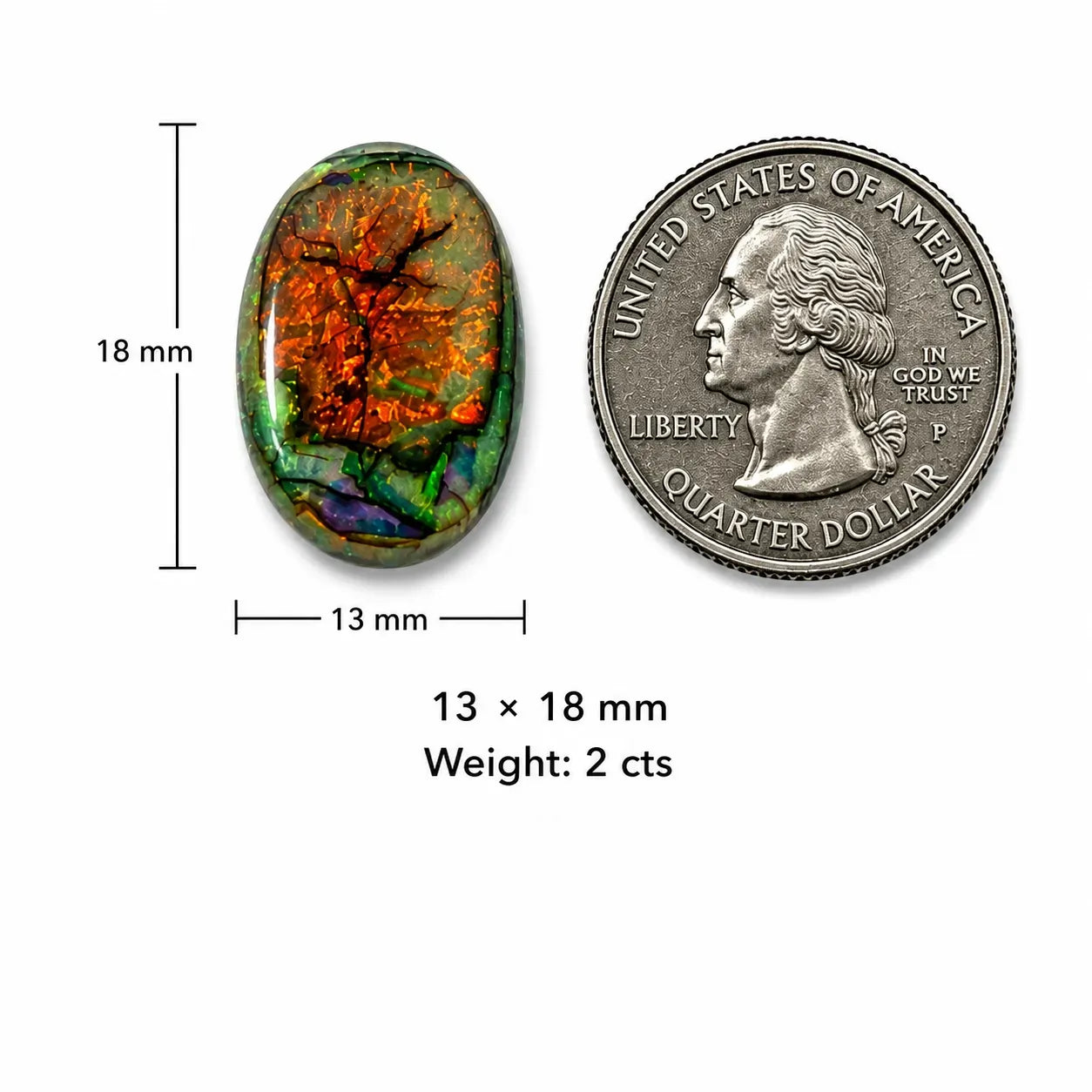 Small Oval Sterling Opal Cabochon size comparison with quarter coin, 13x18mm, 2 cts
