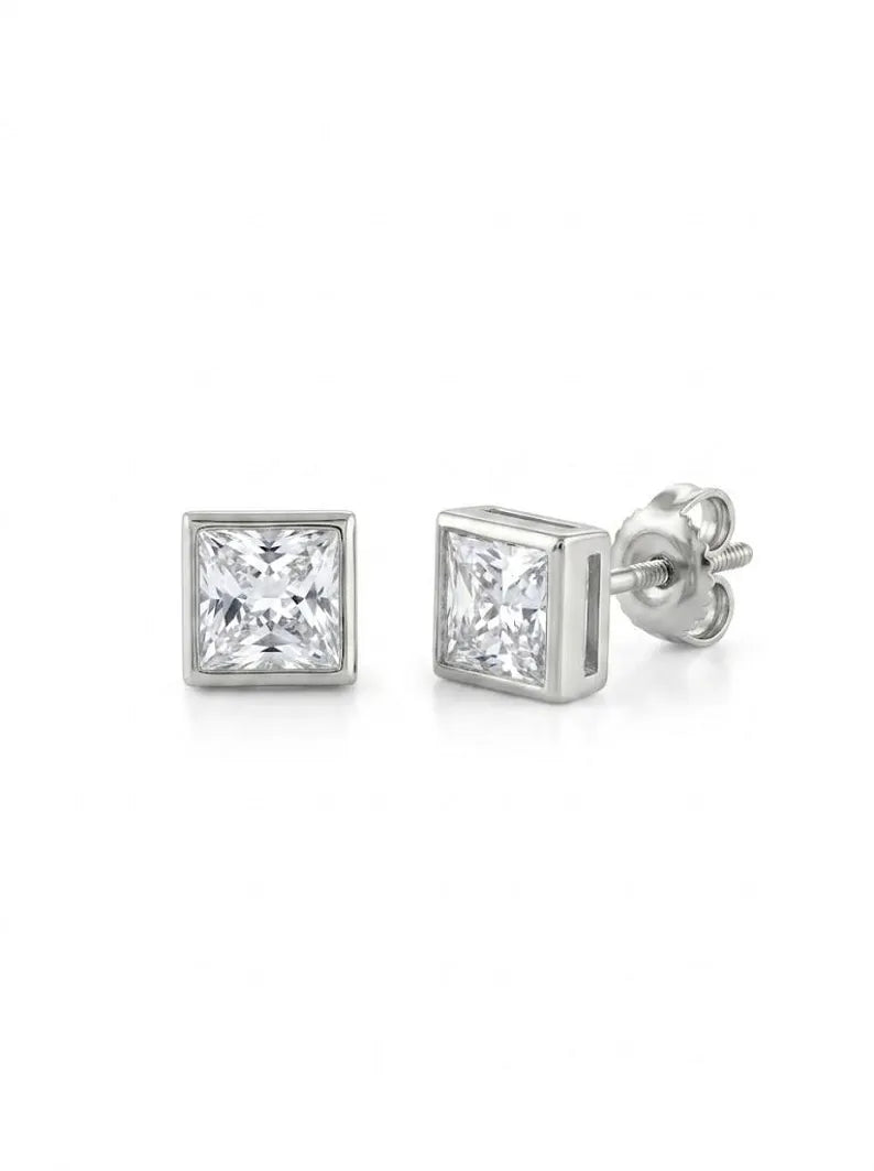 Square bezel diamond simulant stud earrings in 925 sterling silver, main view