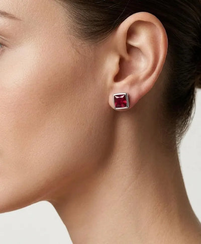 Square Garnet-Look Stud Earrings — 925 Sterling Silver Bezel Set, January Birthstone Style Studs