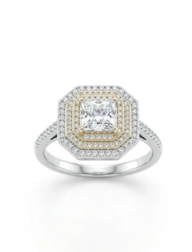 Close up of sterling silver octagon double halo engagement ring with princess cut center stone