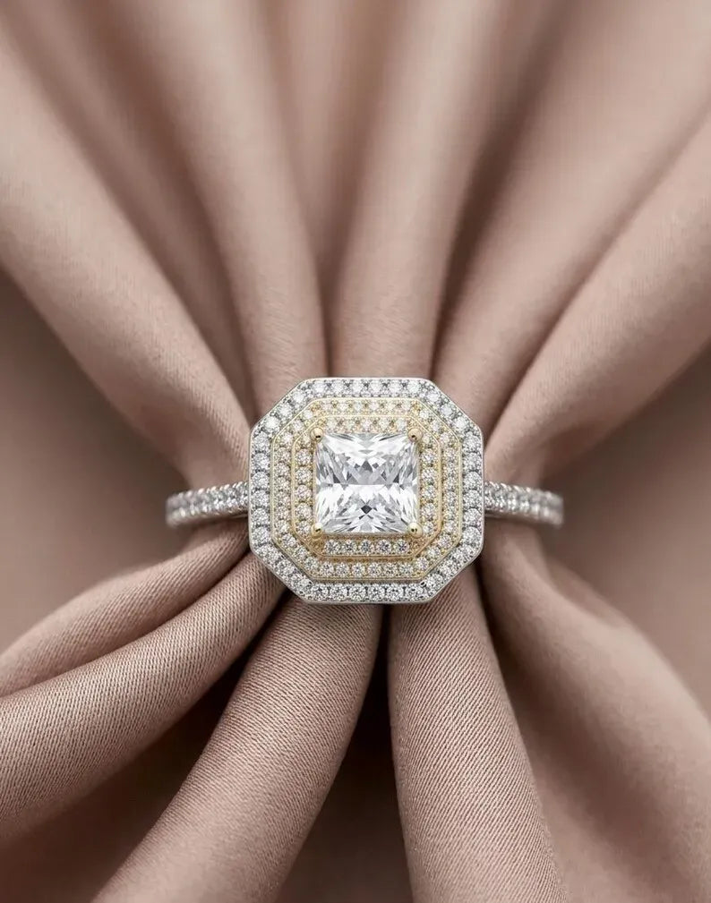 Front view of 925 sterling silver two tone princess cut square halo bridal ring