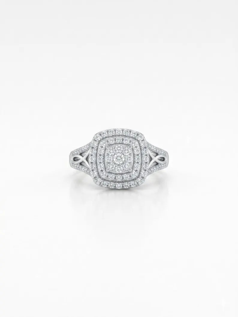 Angled view of pave square halo ring showing split shank band detail
