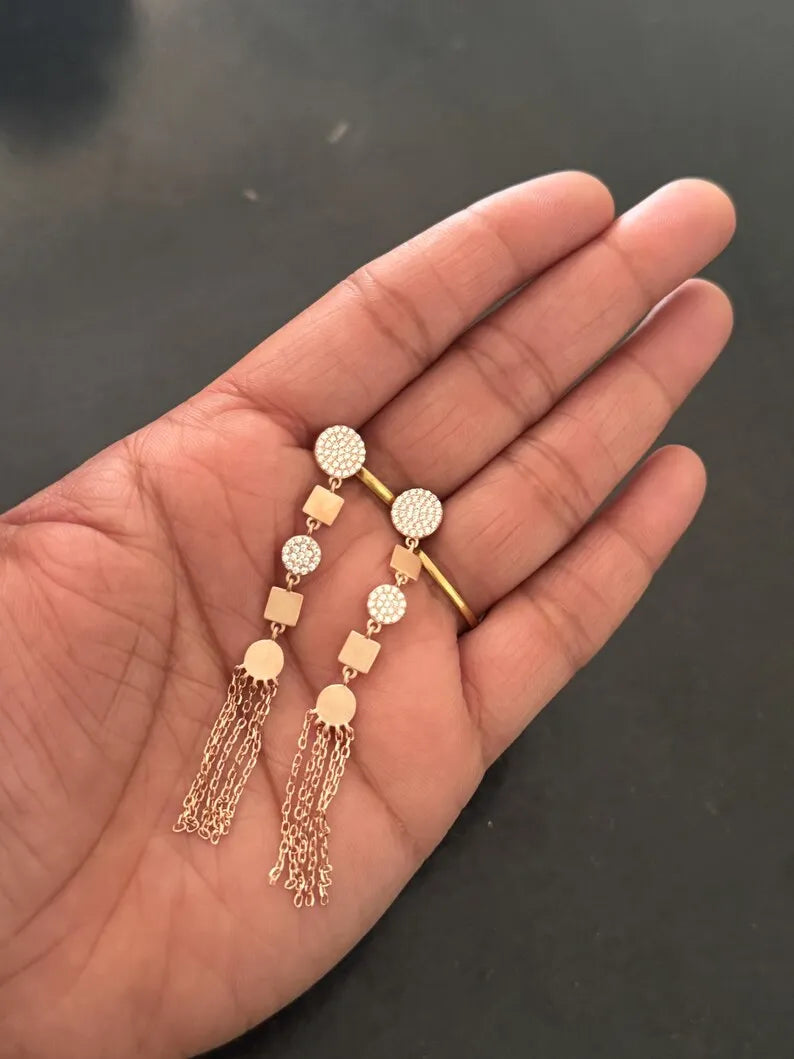 Sterling Silver & Rose Gold Plated Chain Tassel Drop Earrings — Geometric Pave CZ Fringe Dangle, Party Statement Jewelry
