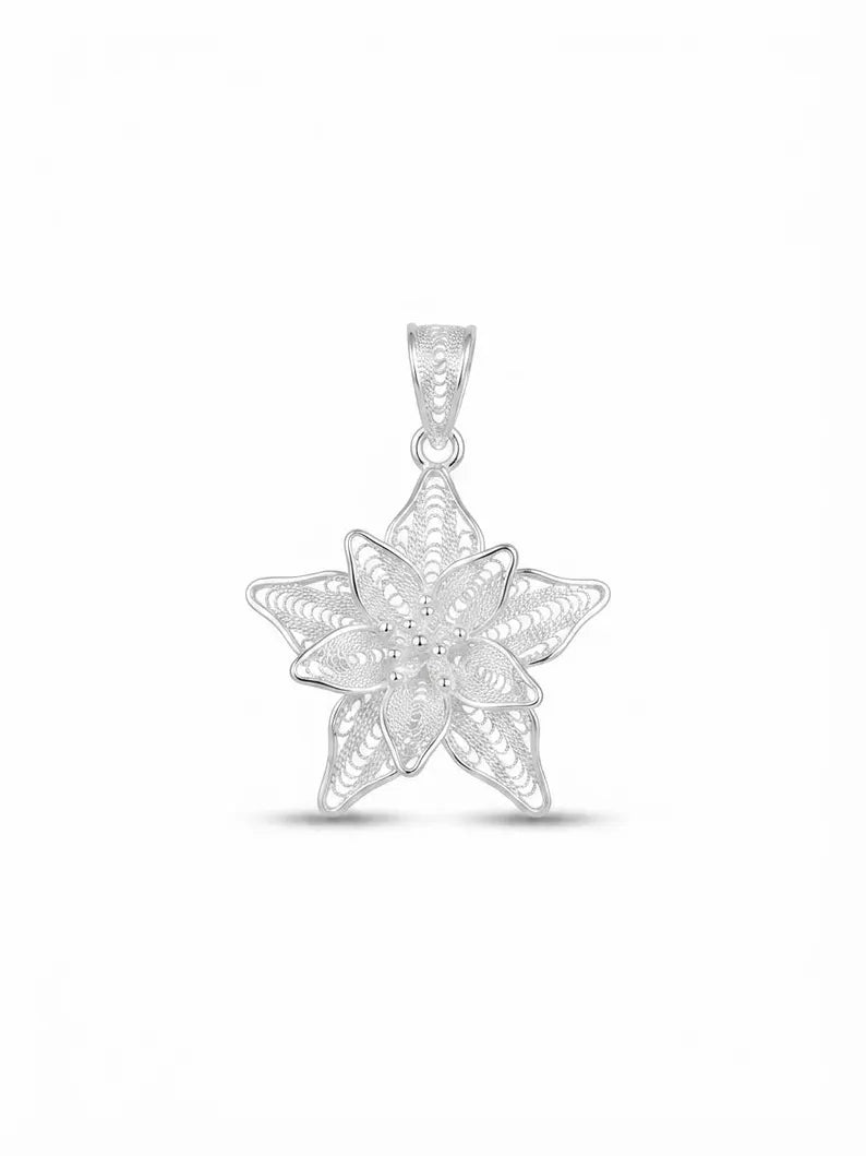A silver-toned filigree starburst pendant with a textured, openwork floral design and a bail at the top, shown on a clean white background.