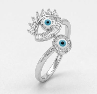Evil Eye Ring, Sterling Silver Open Bypass Ring