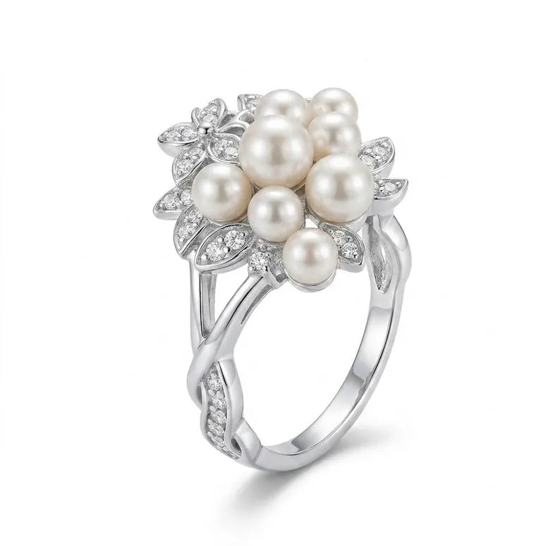 Sterling silver faux pearl flower cluster cocktail ring with CZ accents