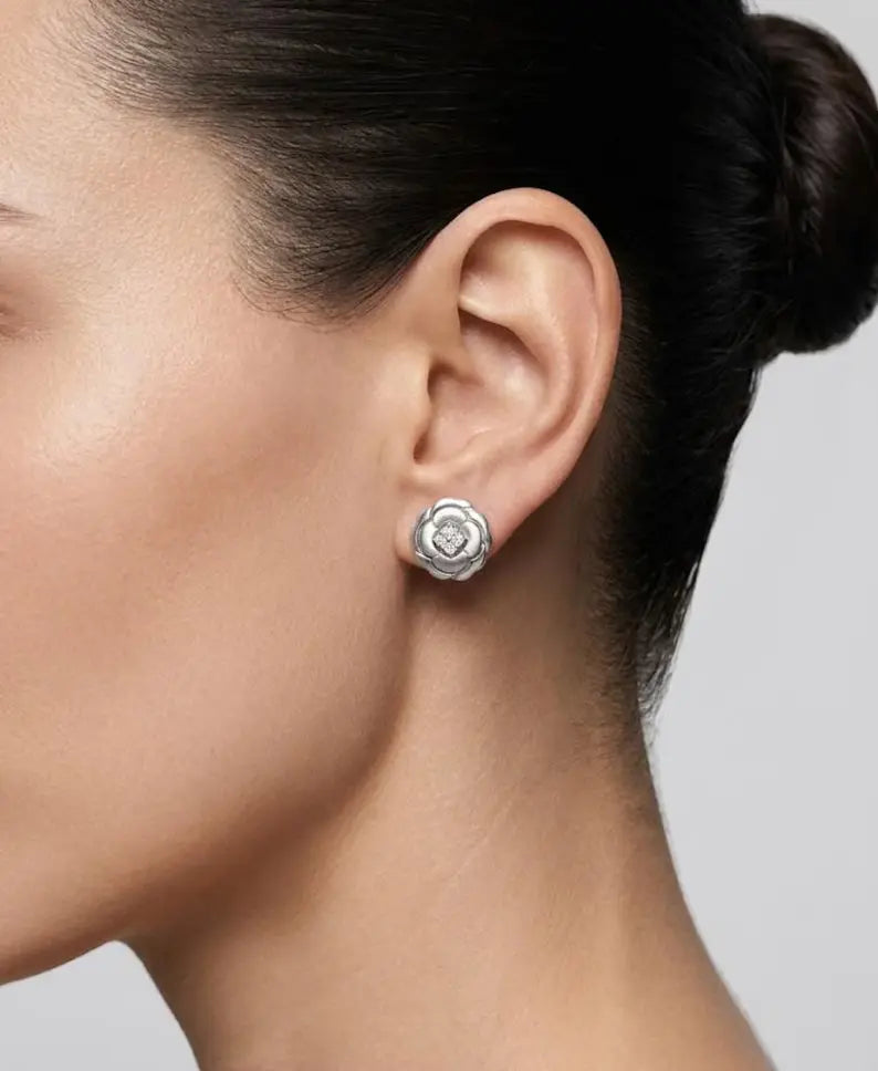 Sterling Silver Rose Flower Stud Earrings – Hypoallergenic CZ Studs for Women