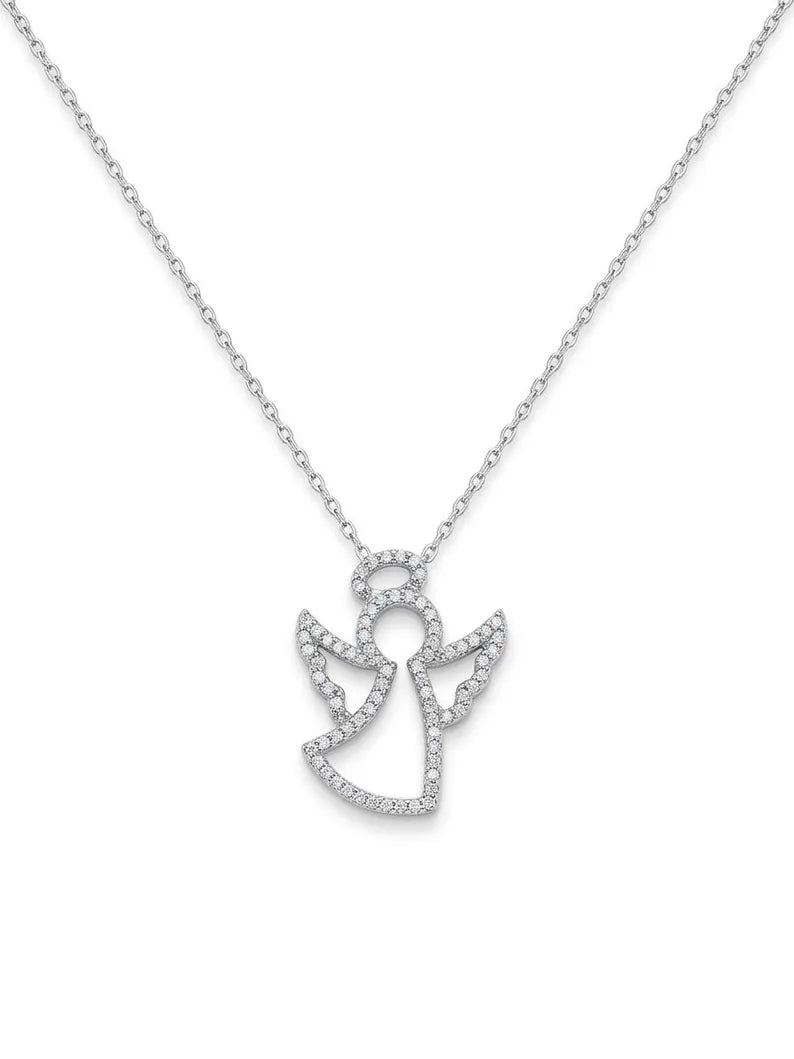 A silver-toned angel pendant necklace adorned with small clear stones, suspended from a delicate matching chain against a plain white background.