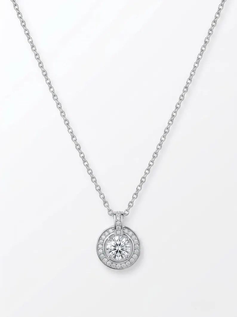 Sterling silver solitaire halo necklace with cubic zirconia