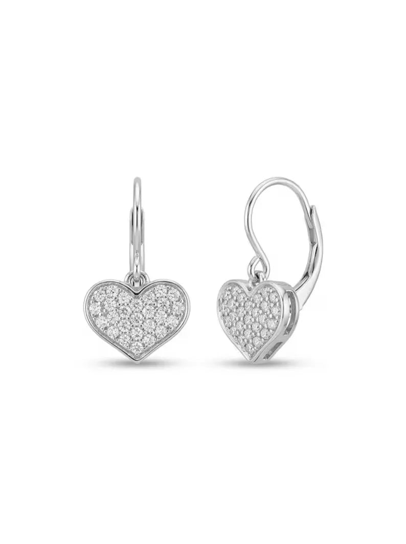 A pair of silver heart-shaped leverback earrings paved with small clear stones, shown against a plain white background.