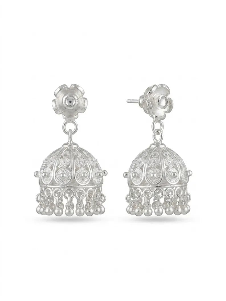 A pair of silver-toned Indian jhumka earrings with intricate filigree work, bead fringe, and floral stud tops, shown against a plain white background.
