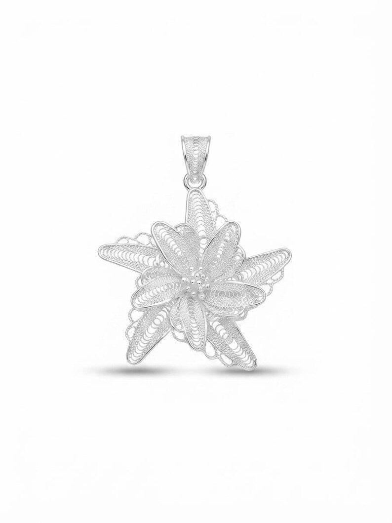 A silver starfish pendant with intricate textured detailing, suspended against a clean white background.