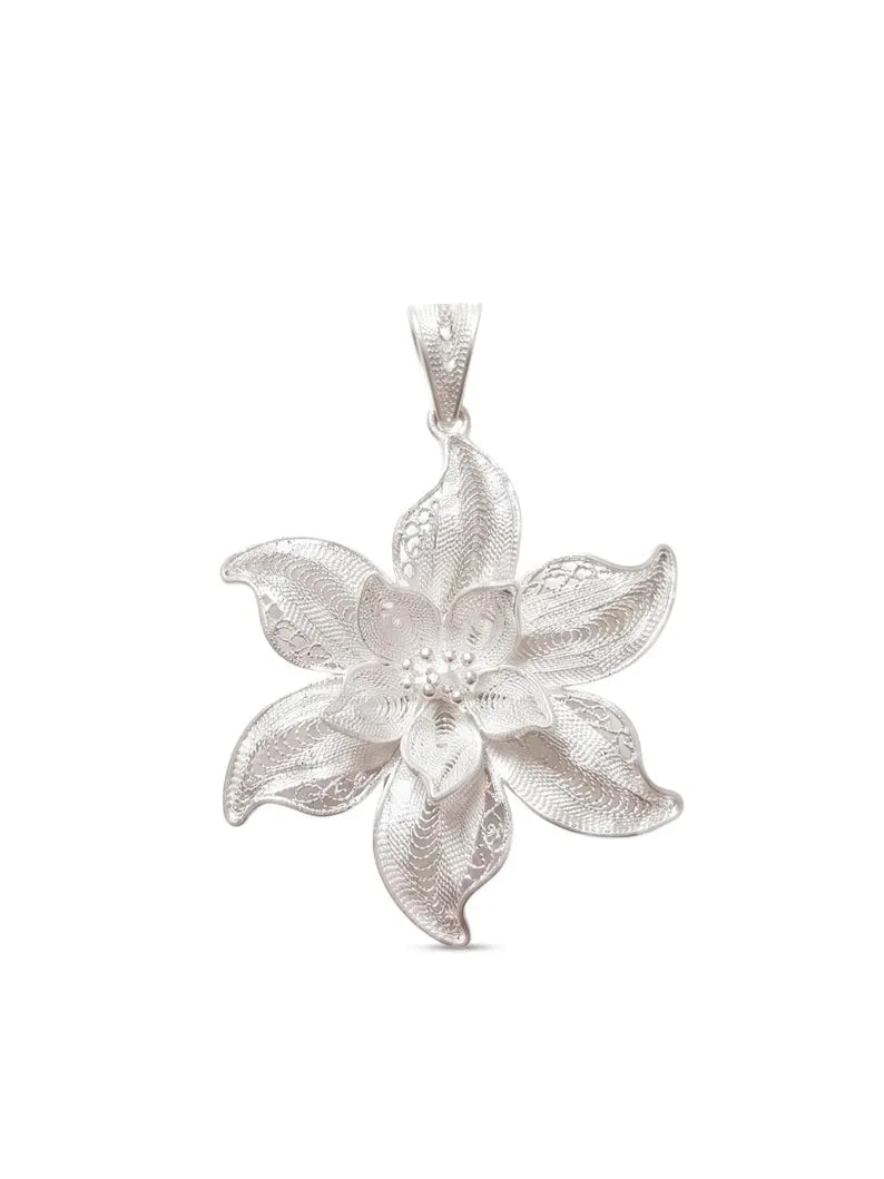 A silver-toned filigree flower pendant on a clean white background.