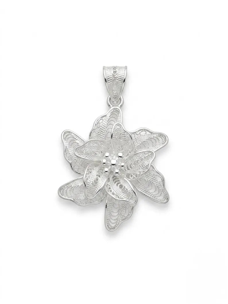 A silver-toned filigree flower pendant with an intricate openwork design and a textured bail at the top, shown on a plain white background.