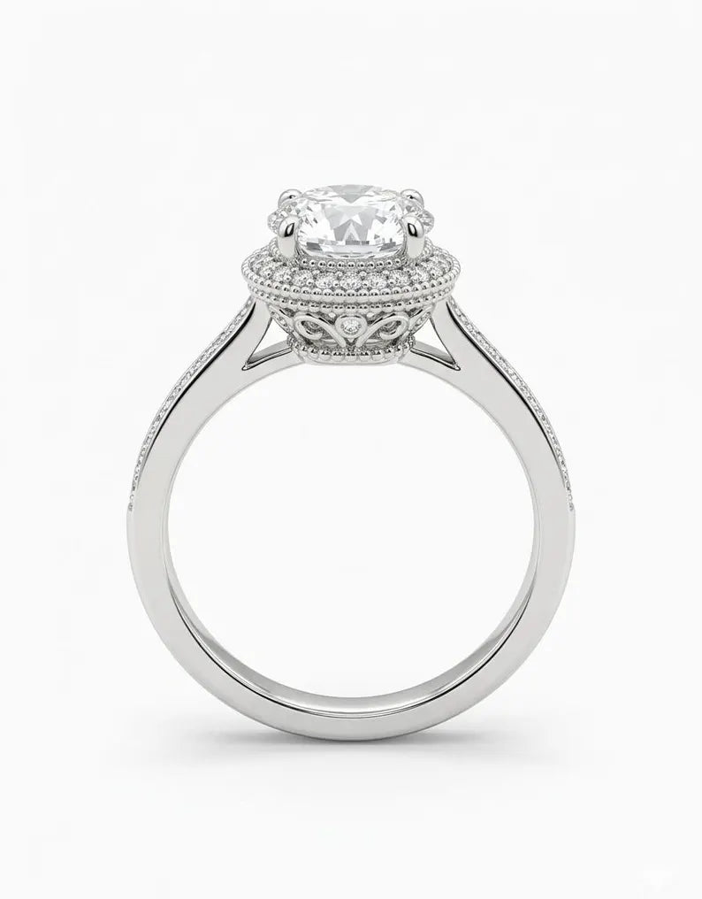 Silver engagement rings, side profile of a prong-set round CZ halo ring with milgrain edge and cathedral shoulders