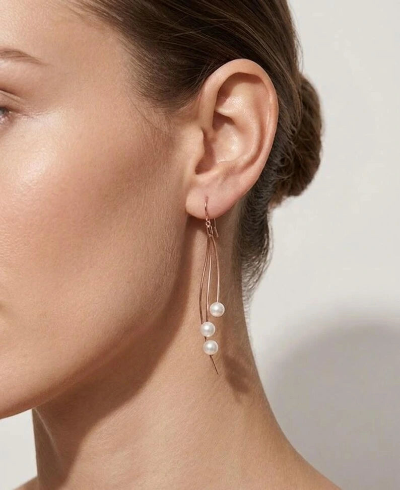 Pearl Wave Dangle Earrings — 925 Sterling Silver Pearl Drop Earrings, Modern Bridal Threader Style