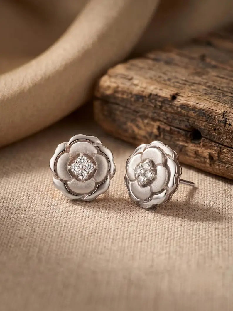 Sterling Silver Rose Flower Stud Earrings – Hypoallergenic CZ Studs for Women