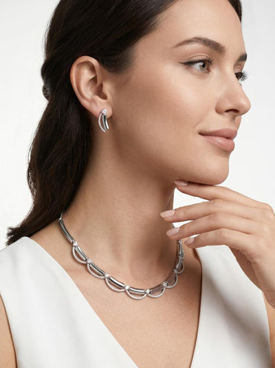 Rhodium Plated Sterling Silver Necklace Set, Curved CZ Wedding Necklace, Geometric Bridal Earrings