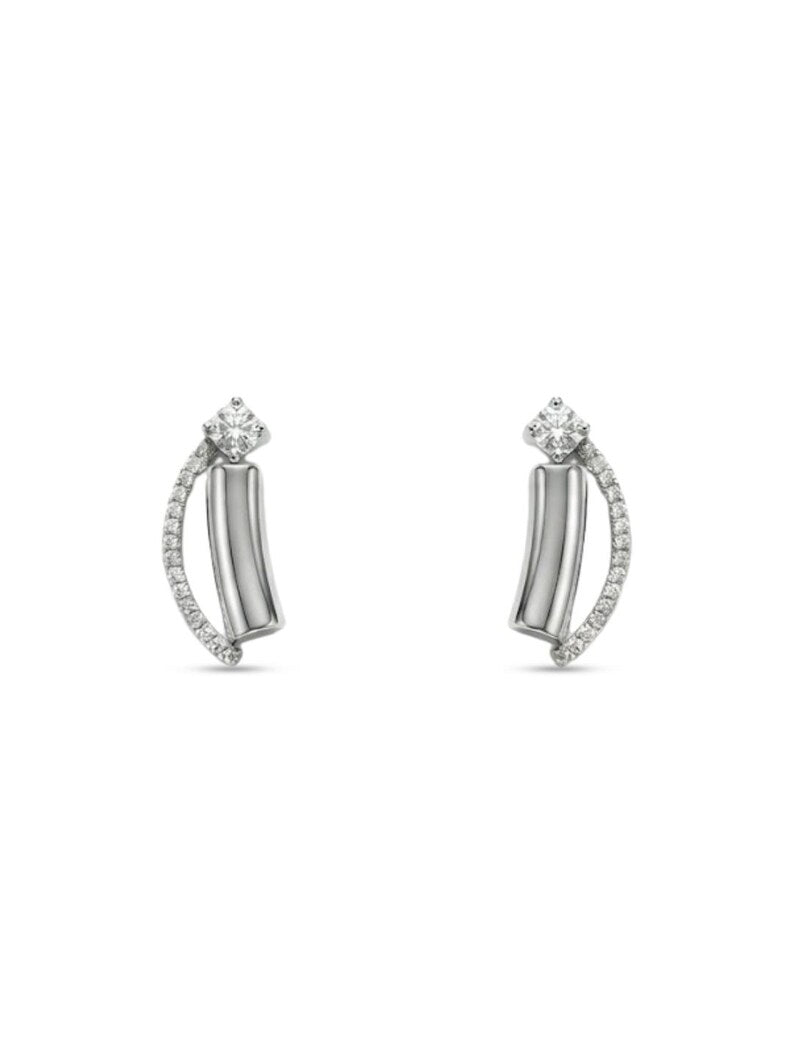 Close up of matching curved CZ stud earrings