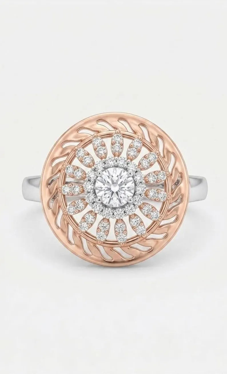 Front view of 925 sterling silver sunburst statement ring with round CZ center and rose gold detailing