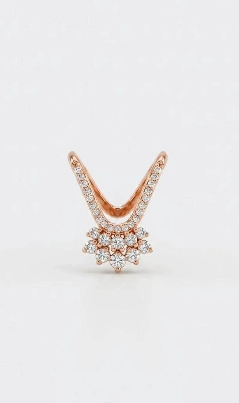 Front view of 925 sterling silver rose gold plated chevron ring with floral CZ cluster