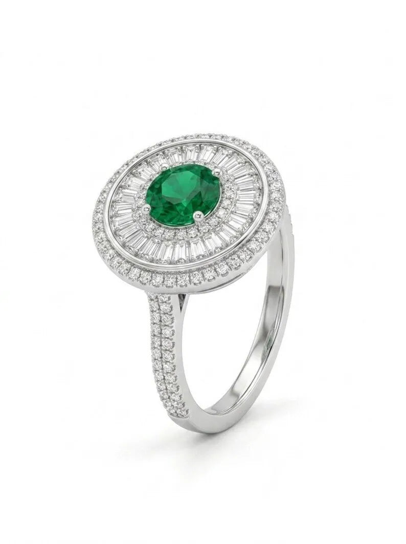 Vintage Emerald Cocktail Ring with Art Deco Ballerina Halo Design